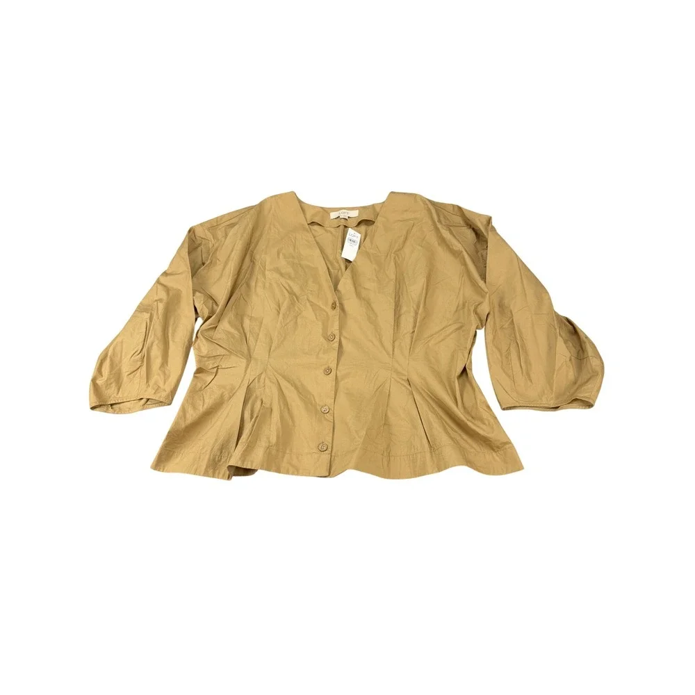 LOFT Women XXL Tan Khaki Cotton V-Neck Peplum Button Front Puff Sleeve Blouse